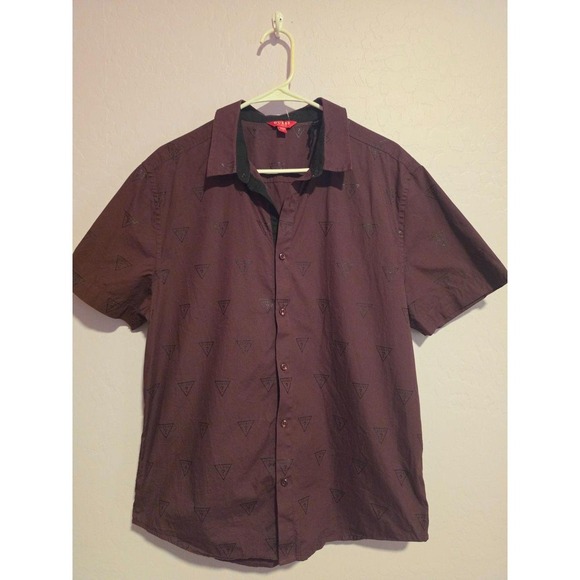 Guess Other - GUESS Men's Short Sleeve Button-Up Shirt Burgundy Allover Logo Print Size L